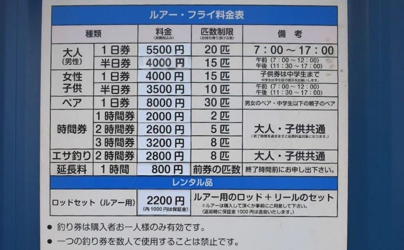 ウォーターパーク長瀞：釣りの料金表