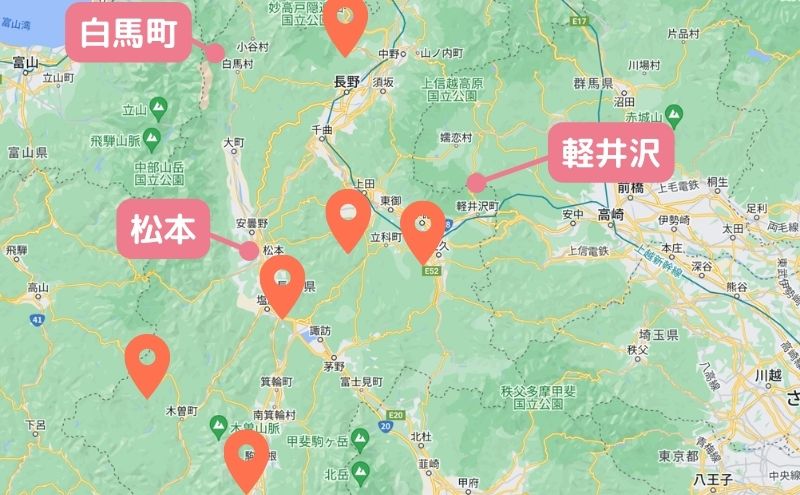 長野県のグランピング施設の地図