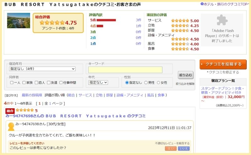 BUBリゾート八ヶ岳の気になる口コミ・評価＞口コミ数